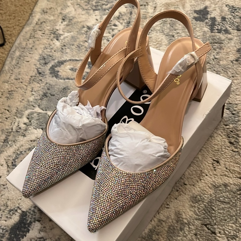 Bamboo Starlike Pump Heel Slingback 10 Nude Sparkle NEW - Picture 2 of 6